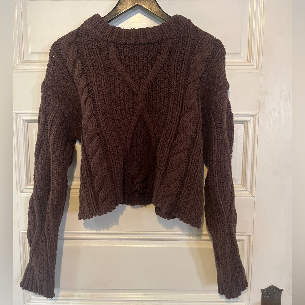 Free People Knit Cropped Dark Brown Sweater Sz XS - Picture 2 of 4
